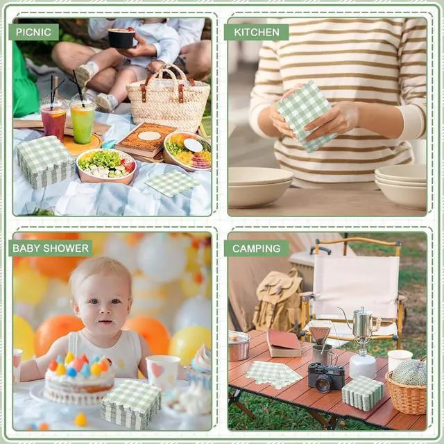 Alt view image 7 of 7 - 120 Pcs Green Gingham Napkins 5" Sage Green Cocktail Napkins, Scalloped