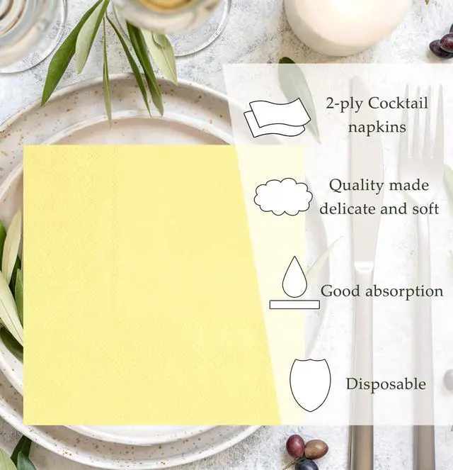 Alt view image 7 of 7 - 50 Pieces 2-ply Yellow Napkin Disposable Cocktail Napkins Beverage Napkins Dessert Napkins Paper Napkins for Wedding Birthday Party Paper Dinner Napkins