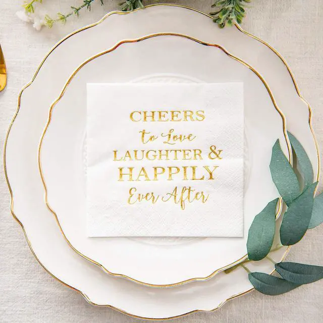 Alt view image 2 of 6 - Crisky 3-Ply 50 Count Bridal Shower Napkins Disposable Cocktail Napkins Gold Foil Text Beverage Napkins for Engagement Party Decorations & Wedding Shower