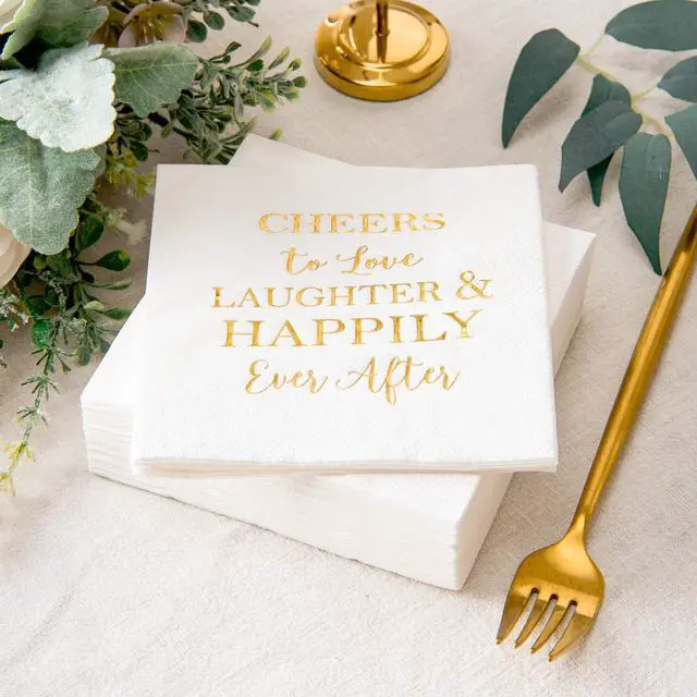 Alt view image 4 of 6 - Crisky 3-Ply 50 Count Bridal Shower Napkins Disposable Cocktail Napkins Gold Foil Text Beverage Napkins for Engagement Party Decorations & Wedding Shower