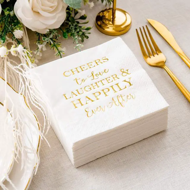 Alt view image 5 of 6 - Crisky 3-Ply 50 Count Bridal Shower Napkins Disposable Cocktail Napkins Gold Foil Text Beverage Napkins for Engagement Party Decorations & Wedding Shower