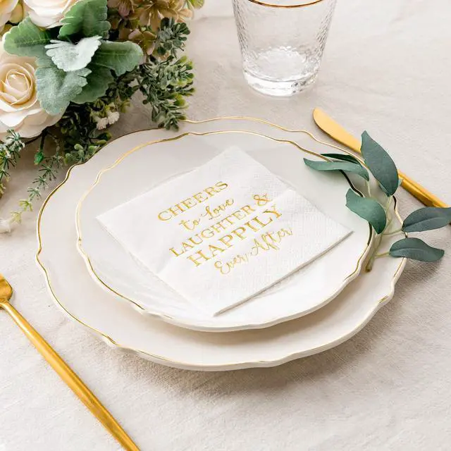 Alt view image 6 of 6 - Crisky 3-Ply 50 Count Bridal Shower Napkins Disposable Cocktail Napkins Gold Foil Text Beverage Napkins for Engagement Party Decorations & Wedding Shower