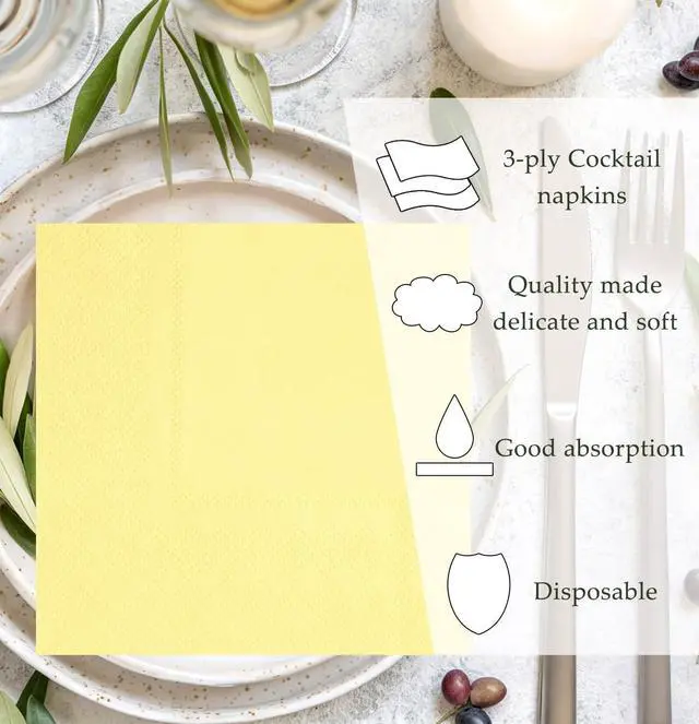 Alt view image 6 of 7 - HEIPINIUYE 50 Pieces 3-ply Yellow Napkins Beverage Napkins Dessert Napkins Disposable Paper Napkins for Wedding Birthday Party Paper Dinner Napkins