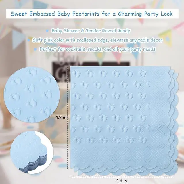 Alt view image 2 of 7 - Crisky 3 Ply Baby Shower Napkins for Boy, 50 Pack Embossed Footprints Blue Napkins for Dusty Blue Jean Boy Baby Shower Decorations, Disposable Paper Cocktail Napkin, and Not Easily Torn