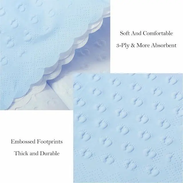 Alt view image 3 of 7 - Crisky 3 Ply Baby Shower Napkins for Boy, 50 Pack Embossed Footprints Blue Napkins for Dusty Blue Jean Boy Baby Shower Decorations, Disposable Paper Cocktail Napkin, and Not Easily Torn