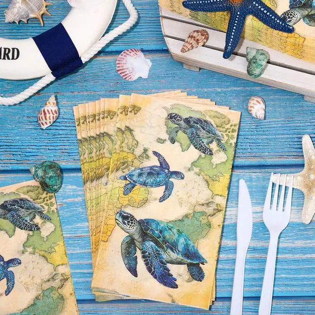 Alt view image 4 of 7 - FYSUIMU 50 Pcs Paper Napkins Sea Turtle Guest Napkins Vintage Ocean Animal Disposable Napkin Summer Dinner Paper Hand Towels for Bathroom Birthday Holiday Party Table Supplies
