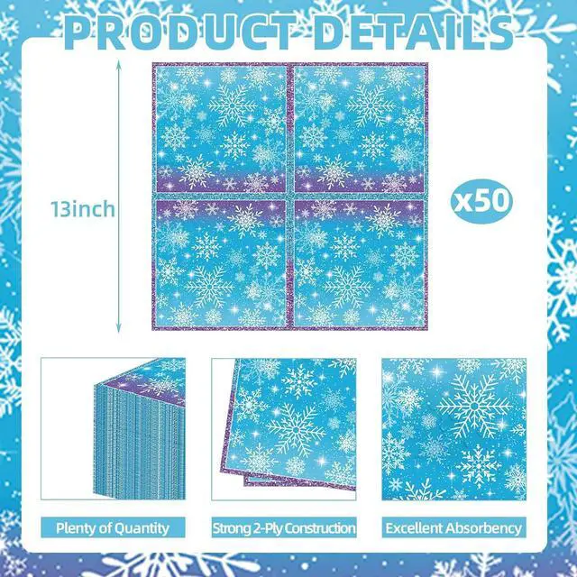 Alt view image 3 of 7 - 50 Count Snowflake Winterland Paper Napkins, Disposable Snow Party Napkins for Christmas Dinner, Winter Birthday Gatherings, Baby Shower, Snow-Themed Table Decorations
