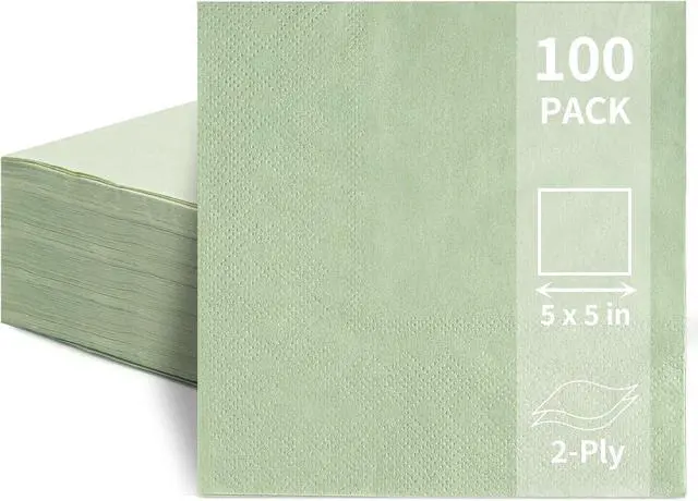 Main image of 100 Pack Cocktail Napkins, 2-Ply 5x5 Inch Sage Green Disposable Paper | Square Edged Beverage Party Napkin, for Wedding, Birthday, Dinner, Coffee Bar, Bridal, Anniversary, Reception Event