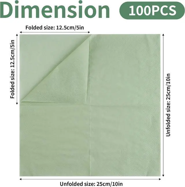 Alt view image 2 of 7 - 100 Pack Cocktail Napkins, 2-Ply 5x5 Inch Sage Green Disposable Paper | Square Edged Beverage Party Napkin, for Wedding, Birthday, Dinner, Coffee Bar, Bridal, Anniversary, Reception Event