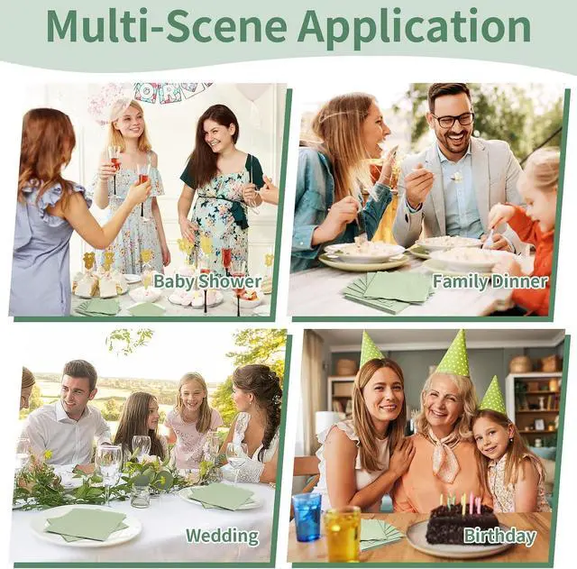 Alt view image 7 of 7 - 100 Pack Cocktail Napkins, 2-Ply 5x5 Inch Sage Green Disposable Paper | Square Edged Beverage Party Napkin, for Wedding, Birthday, Dinner, Coffee Bar, Bridal, Anniversary, Reception Event