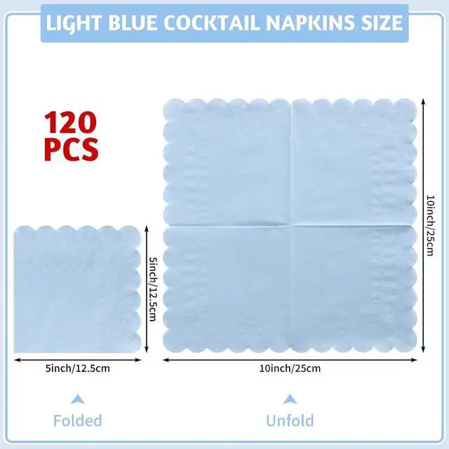Alt view image 2 of 7 - NatNarr 120 Pcs Cocktail Napkins Light Blue Napkins Scalloped, 5 Inch | Disposable Blue Napkins Small Beverage Dessert Napkins for Baby Shower, Coastal Beach Party, Birthday, Soft and Absorption