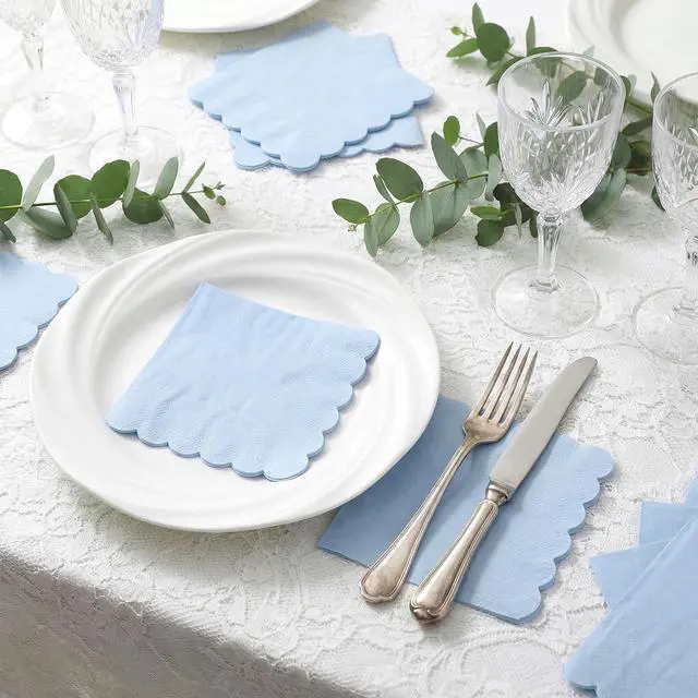 Alt view image 6 of 7 - NatNarr 120 Pcs Cocktail Napkins Light Blue Napkins Scalloped, 5 Inch | Disposable Blue Napkins Small Beverage Dessert Napkins for Baby Shower, Coastal Beach Party, Birthday, Soft and Absorption