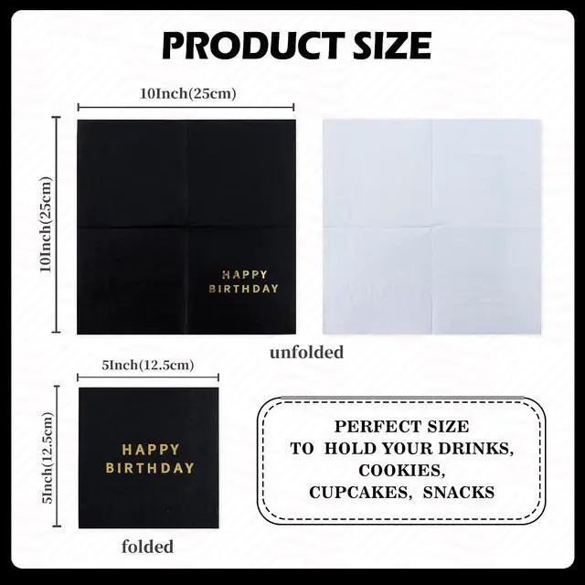 Alt view image 2 of 6 - Vuzvuv 52 Pcs Happy Birthday Party Cocktail Napkins-Gold Black | 5" Folded 3 Ply Birthday Party Dinner Hand Napkin,Disposable Paper Napkins, for Women Men Table Decor Birthday Decoration