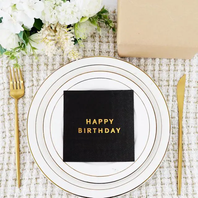 Alt view image 4 of 6 - Vuzvuv 52 Pcs Happy Birthday Party Cocktail Napkins-Gold Black | 5" Folded 3 Ply Birthday Party Dinner Hand Napkin,Disposable Paper Napkins, for Women Men Table Decor Birthday Decoration