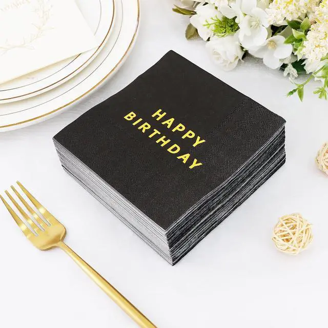 Alt view image 5 of 6 - Vuzvuv 52 Pcs Happy Birthday Party Cocktail Napkins-Gold Black | 5" Folded 3 Ply Birthday Party Dinner Hand Napkin,Disposable Paper Napkins, for Women Men Table Decor Birthday Decoration