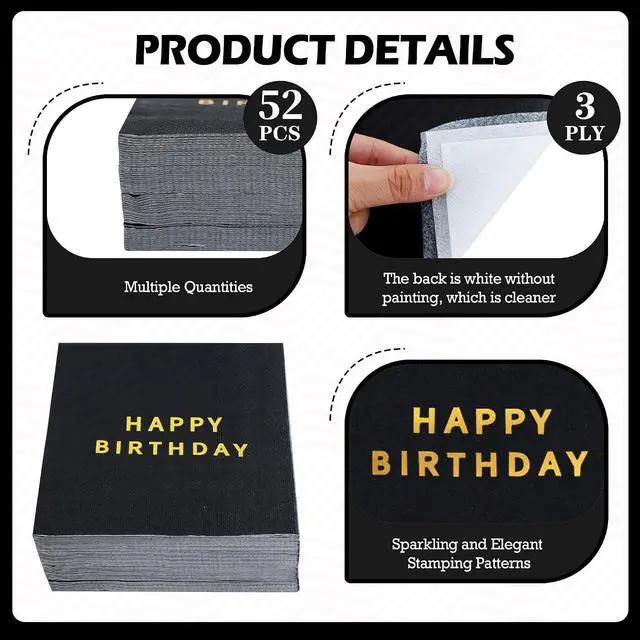 Alt view image 3 of 6 - Vuzvuv 52 Pcs Happy Birthday Party Cocktail Napkins-Gold Black | 5" Folded 3 Ply Birthday Party Dinner Hand Napkin,Disposable Paper Napkins, for Women Men Table Decor Birthday Decoration