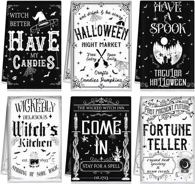 Main image of Ganeen 6 Pcs Halloween Kitchen Towels Fall Witch Ghost Towel Set | Witch Ghost Sayings, Soft Cotton Hand Cloths for Dish Drying Baking, Autumn Party Decor, Absorbent Bathroom Kitchen