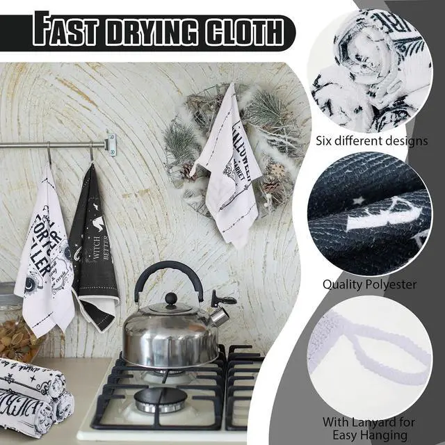 Alt view image 3 of 6 - Ganeen 6 Pcs Halloween Kitchen Towels Fall Witch Ghost Towel Set | Witch Ghost Sayings, Soft Cotton Hand Cloths for Dish Drying Baking, Autumn Party Decor, Absorbent Bathroom Kitchen