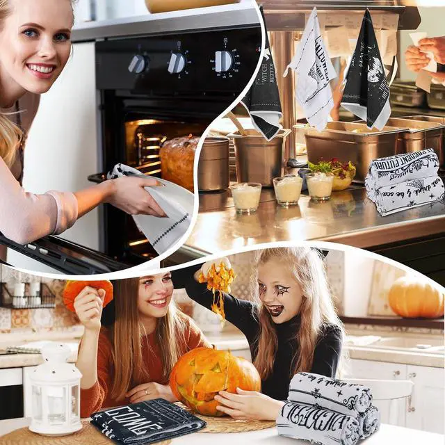 Alt view image 5 of 6 - Ganeen 6 Pcs Halloween Kitchen Towels Fall Witch Ghost Towel Set | Witch Ghost Sayings, Soft Cotton Hand Cloths for Dish Drying Baking, Autumn Party Decor, Absorbent Bathroom Kitchen