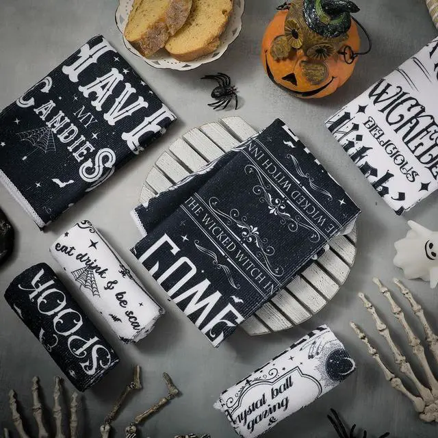 Alt view image 6 of 6 - Ganeen 6 Pcs Halloween Kitchen Towels Fall Witch Ghost Towel Set | Witch Ghost Sayings, Soft Cotton Hand Cloths for Dish Drying Baking, Autumn Party Decor, Absorbent Bathroom Kitchen