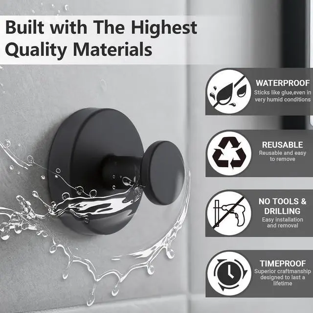 Alt view image 2 of 7 - Suction Cup Hooks for Shower, 8 Pack Removable Hooks for Bathroom Walls & Glass Door Robes, Loofahs, Towel Hook for Hanging, Black