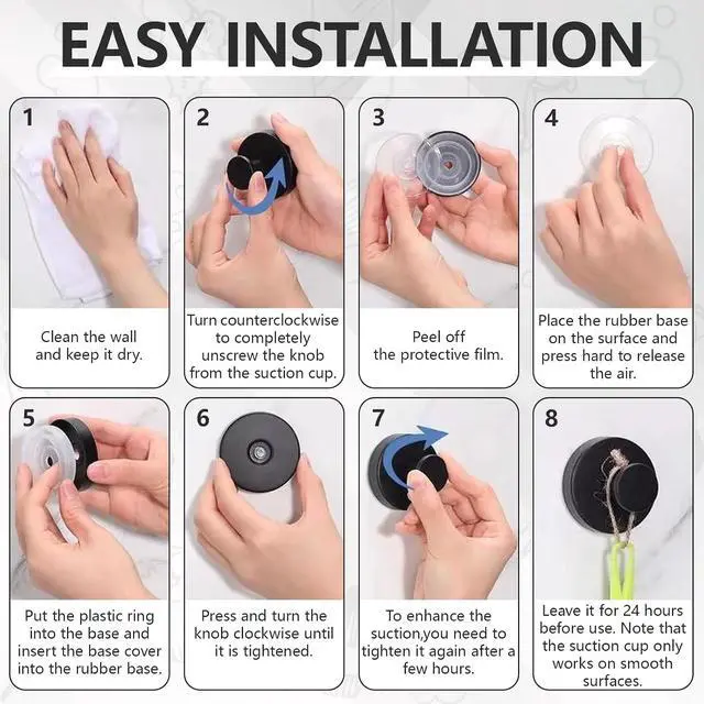 Alt view image 6 of 7 - Suction Cup Hooks for Shower, 8 Pack Removable Hooks for Bathroom Walls & Glass Door Robes, Loofahs, Towel Hook for Hanging, Black