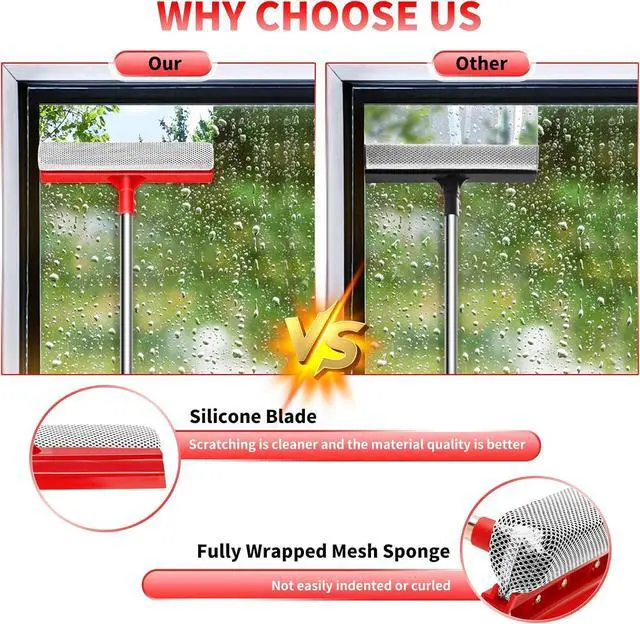 Alt view image 6 of 7 - Window Squeegee with 18.5"-28.5" Retractable Handle, 2-in-1 Squeegee for Window Cleaning Tool for Cars, Trucks, Glass Doors, Shower, Outdoor Windows Window Cleaner (Red)