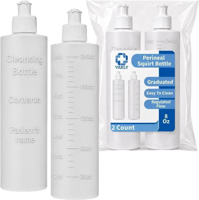 Main image of Vakly Perineal Bottle 8 oz, Postpartum Squirt Bottle with Graduations 2 PK | Refillable hygiene bottle with angled nozzle for personal cleansing, bidet use, and postpartum care