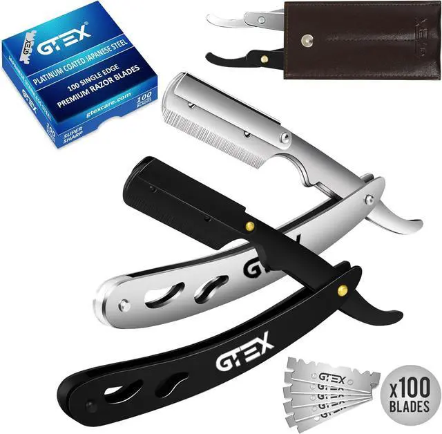Main image of Straight Razors For Men 100 GTEX Barber Razor Blades - 2 Professional Single Blade Razors for Men Navajas Para Barbero Straight Edge Razor Barber Beard Razor Shavette Shaving Razor Kit