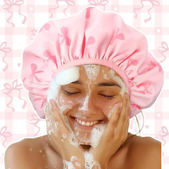 Alt view image 4 of 7 - Ramede Satin Lined Shower Cap for Women Extra Large Flexible Shower Cap Pink Bow Waterproof Reusable Adjustable Bath Bonnet Double Layer Quick Dry for Braids Long Straight Curly Hair (Pink)