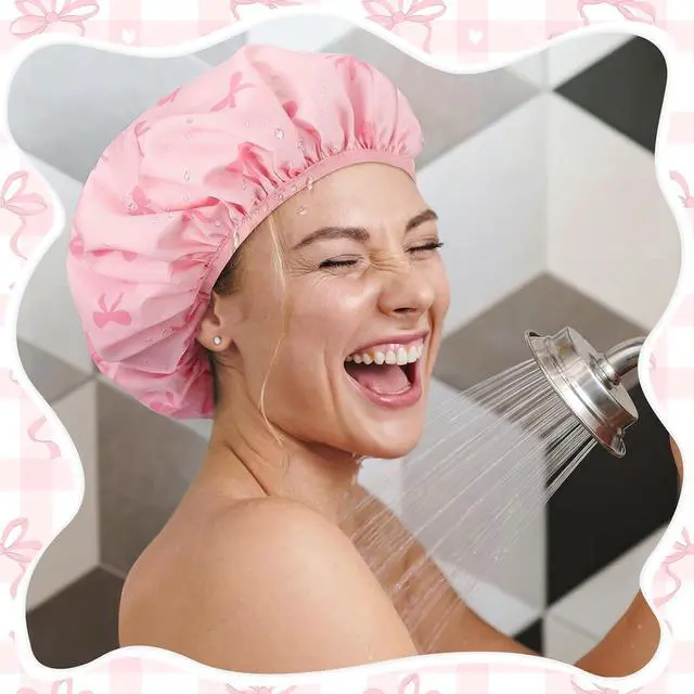 Alt view image 5 of 7 - Ramede Satin Lined Shower Cap for Women Extra Large Flexible Shower Cap Pink Bow Waterproof Reusable Adjustable Bath Bonnet Double Layer Quick Dry for Braids Long Straight Curly Hair (Pink)