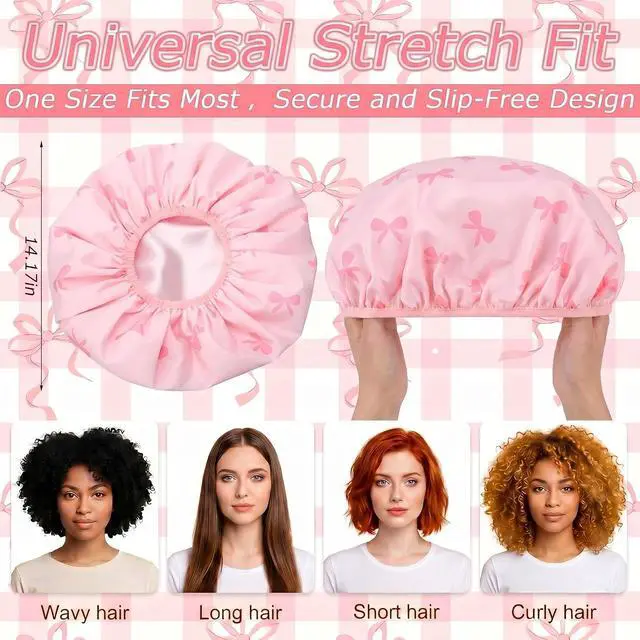 Alt view image 2 of 7 - Ramede Satin Lined Shower Cap for Women Extra Large Flexible Shower Cap Pink Bow Waterproof Reusable Adjustable Bath Bonnet Double Layer Quick Dry for Braids Long Straight Curly Hair (Pink)