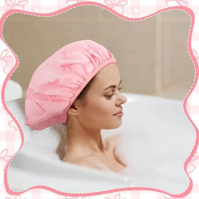 Alt view image 6 of 7 - Ramede Satin Lined Shower Cap for Women Extra Large Flexible Shower Cap Pink Bow Waterproof Reusable Adjustable Bath Bonnet Double Layer Quick Dry for Braids Long Straight Curly Hair (Pink)