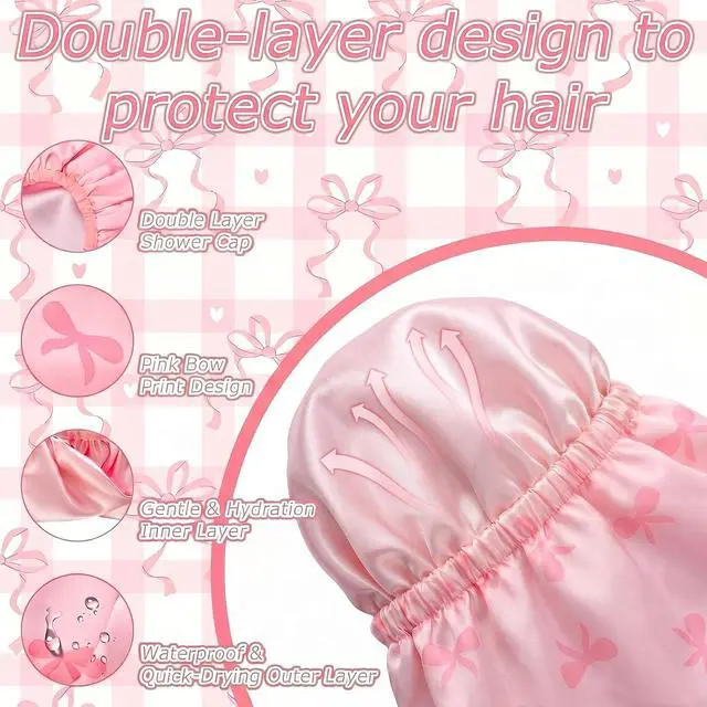 Alt view image 3 of 7 - Ramede Satin Lined Shower Cap for Women Extra Large Flexible Shower Cap Pink Bow Waterproof Reusable Adjustable Bath Bonnet Double Layer Quick Dry for Braids Long Straight Curly Hair (Pink)
