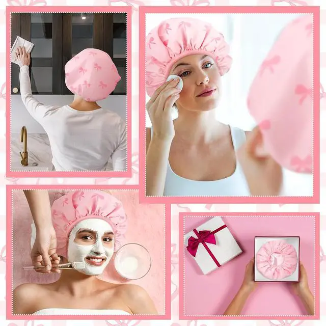 Alt view image 7 of 7 - Ramede Satin Lined Shower Cap for Women Extra Large Flexible Shower Cap Pink Bow Waterproof Reusable Adjustable Bath Bonnet Double Layer Quick Dry for Braids Long Straight Curly Hair (Pink)