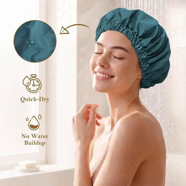 Alt view image 2 of 6 - Shower Cap for Women, Reusable Waterproof Long Hair Bonnet