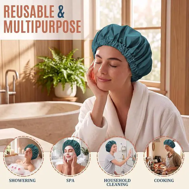 Alt view image 4 of 6 - Shower Cap for Women, Reusable Waterproof Long Hair Bonnet