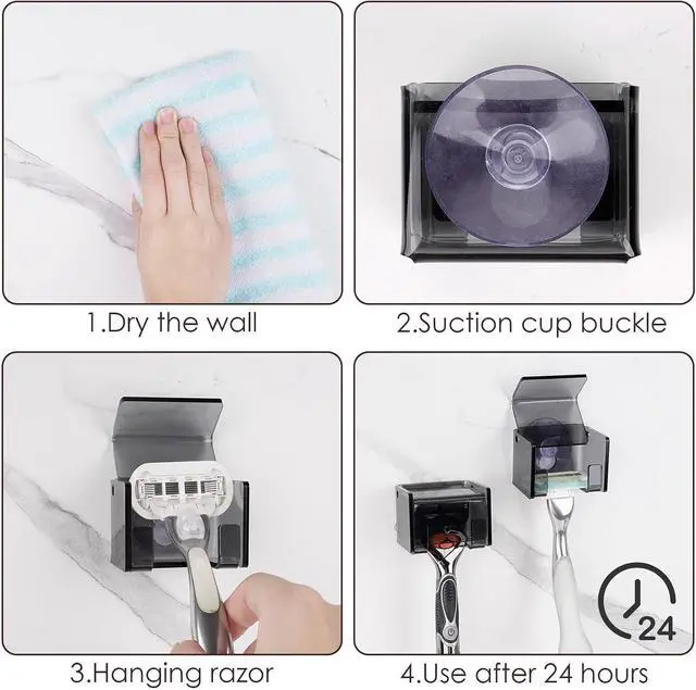 Alt view image 5 of 7 - 2 Pack Acrylic Razor Holder with Cover for Shower, Wall Mounted Razor Shaver Organizer with Suction Cup, Razor Hanger Rack Compatible with Gillette Fusion 5 Proglide, Mach 3 Classic (Gray Clear)