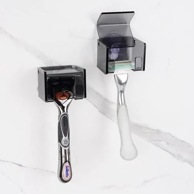 Alt view image 7 of 7 - 2 Pack Acrylic Razor Holder with Cover for Shower, Wall Mounted Razor Shaver Organizer with Suction Cup, Razor Hanger Rack Compatible with Gillette Fusion 5 Proglide, Mach 3 Classic (Gray Clear)