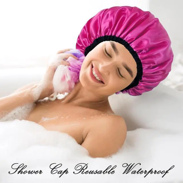 Alt view image 2 of 6 - Satin Silk Shower Cap for Women, Shower Caps Reusable Waterproof