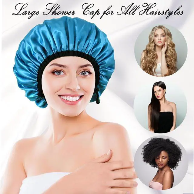 Alt view image 3 of 6 - Satin Silk Shower Cap for Women, Shower Caps Reusable Waterproof