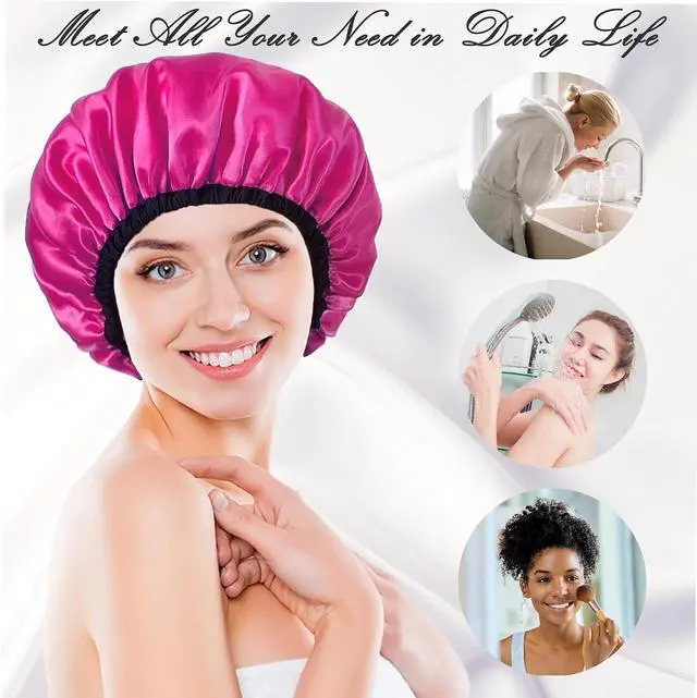 Alt view image 4 of 6 - Satin Silk Shower Cap for Women, Shower Caps Reusable Waterproof