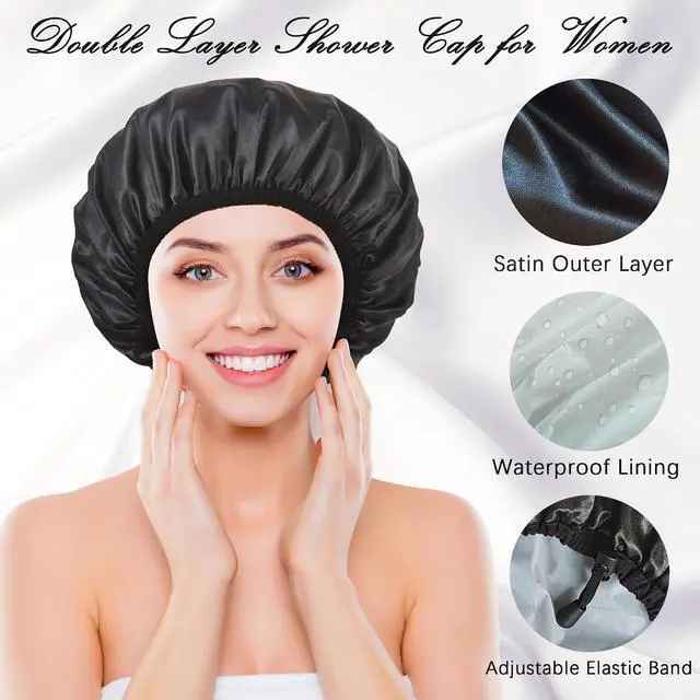 Alt view image 5 of 6 - Satin Silk Shower Cap for Women, Shower Caps Reusable Waterproof