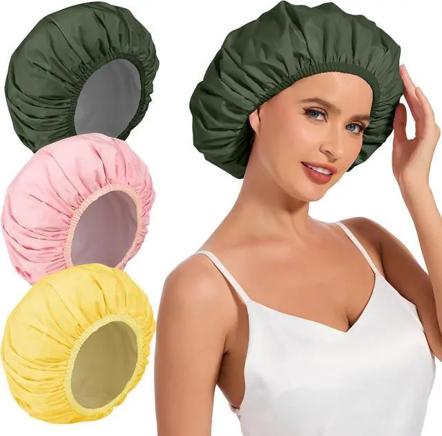 Main image of 3Pcs Waterproof Shower Cap for Women Reusable, Bath Cap for Long Hair, Comfortable Shower Hat for Thick Curly Hair
