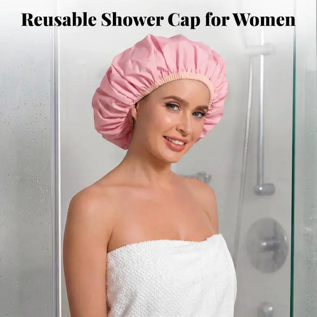 Alt view image 3 of 6 - 3Pcs Waterproof Shower Cap for Women Reusable, Bath Cap for Long Hair, Comfortable Shower Hat for Thick Curly Hair