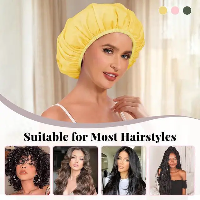 Alt view image 5 of 6 - 3Pcs Waterproof Shower Cap for Women Reusable, Bath Cap for Long Hair, Comfortable Shower Hat for Thick Curly Hair