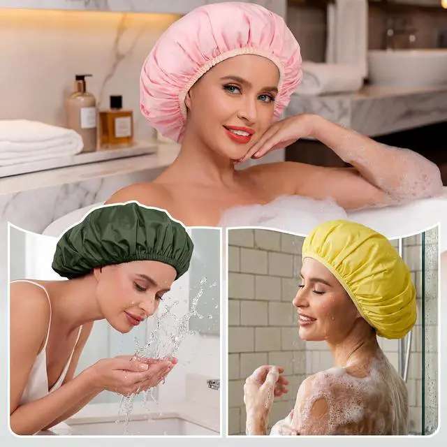 Alt view image 6 of 6 - 3Pcs Waterproof Shower Cap for Women Reusable, Bath Cap for Long Hair, Comfortable Shower Hat for Thick Curly Hair