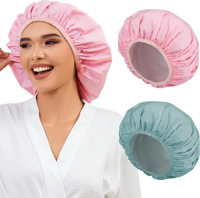 Main image of 2 Pack Shower Caps for Women, Reusable Waterproof Shower Cap with Elastic Band, Thickened Waterproof Fabric Shower Bonnet for Braids, Long Hair