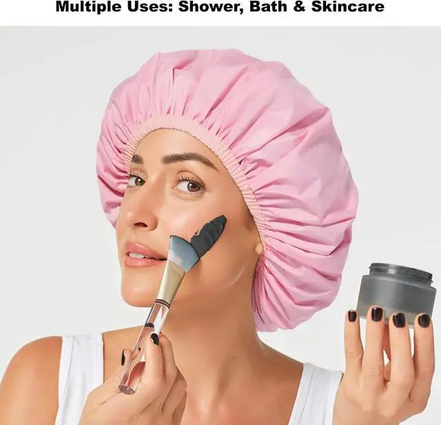Alt view image 5 of 7 - 2 Pack Shower Caps for Women, Reusable Waterproof Shower Cap with Elastic Band, Thickened Waterproof Fabric Shower Bonnet for Braids, Long Hair