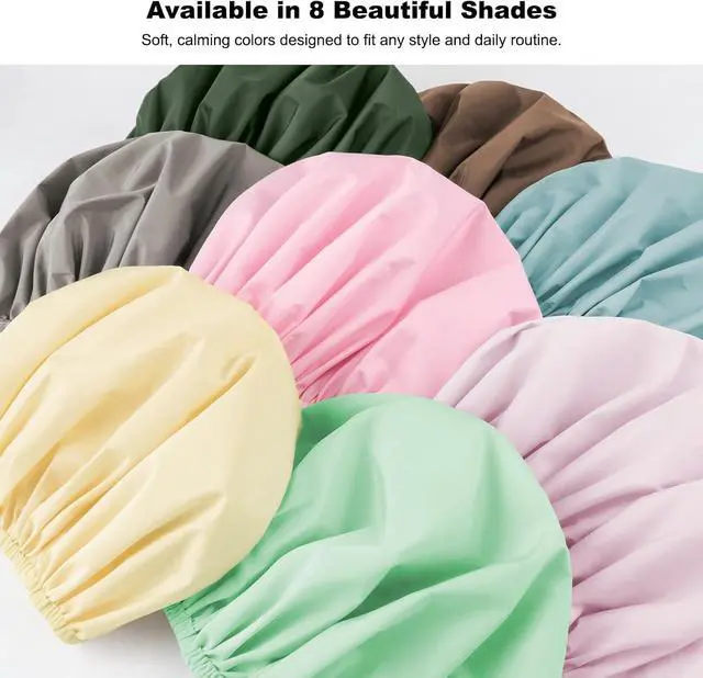 Alt view image 6 of 7 - 2 Pack Shower Caps for Women, Reusable Waterproof Shower Cap with Elastic Band, Thickened Waterproof Fabric Shower Bonnet for Braids, Long Hair